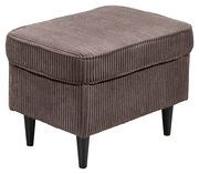 Brauner Hocker mit geripptem Stoffbezug und schwarzen Beinen, seitliche Perspektive