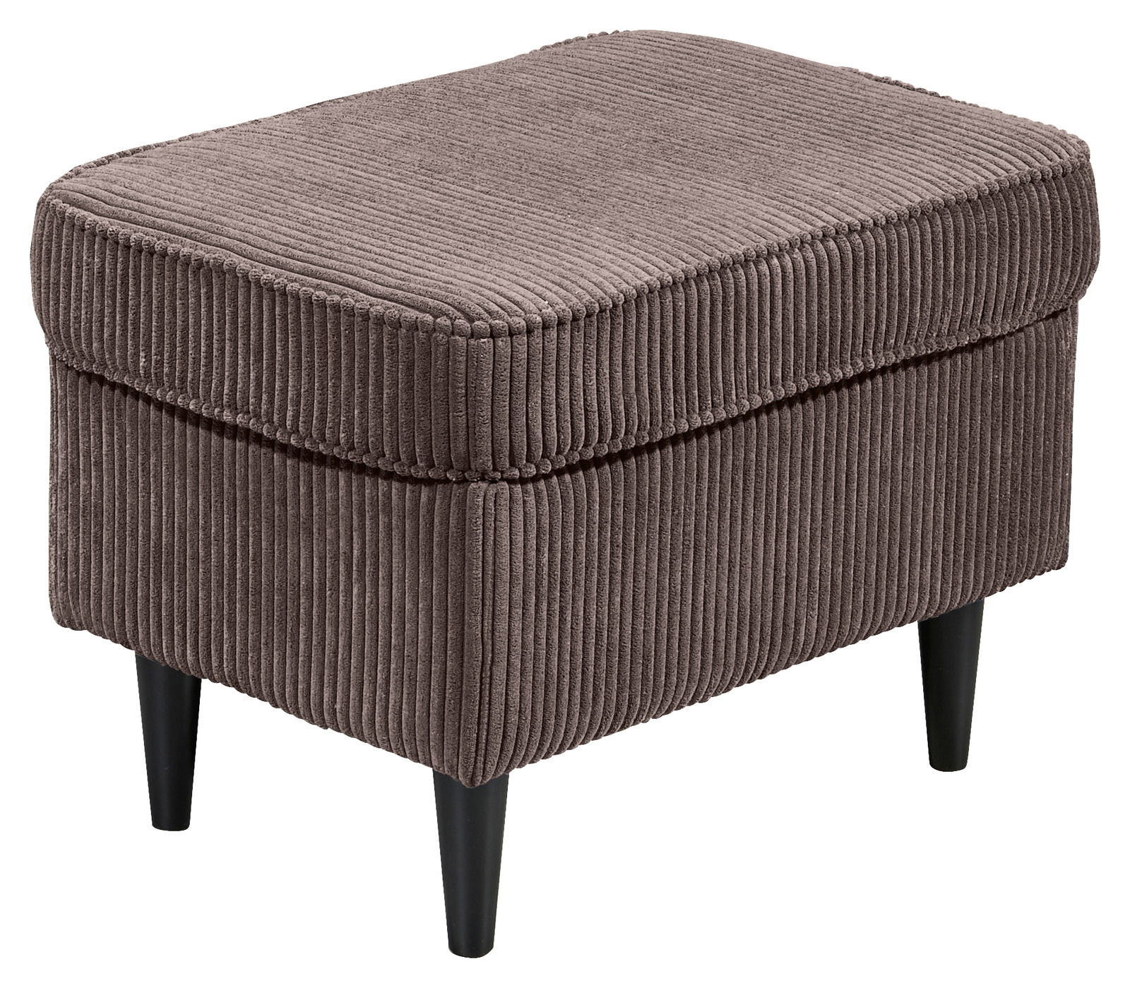 Brauner Hocker mit geripptem Stoffbezug und schwarzen Beinen, seitliche Perspektive