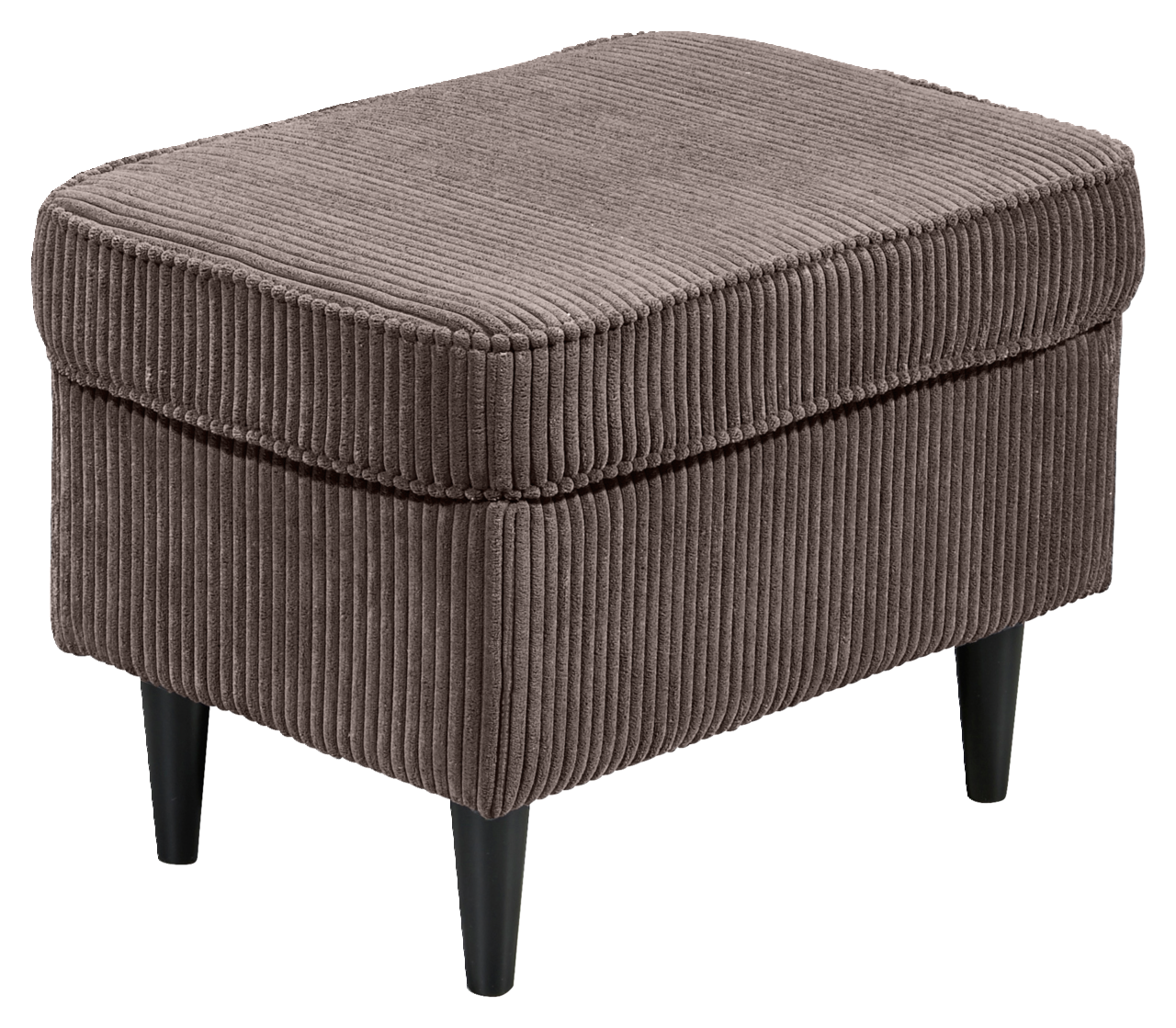 Z2 Hocker OSKAR Brauner Hocker mit geripptem Stoffbezug und schwarzen Beinen, seitliche Perspektive