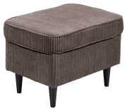 Brauner Hocker mit geripptem Stoffbezug und schwarzen Beinen, seitliche Perspektive