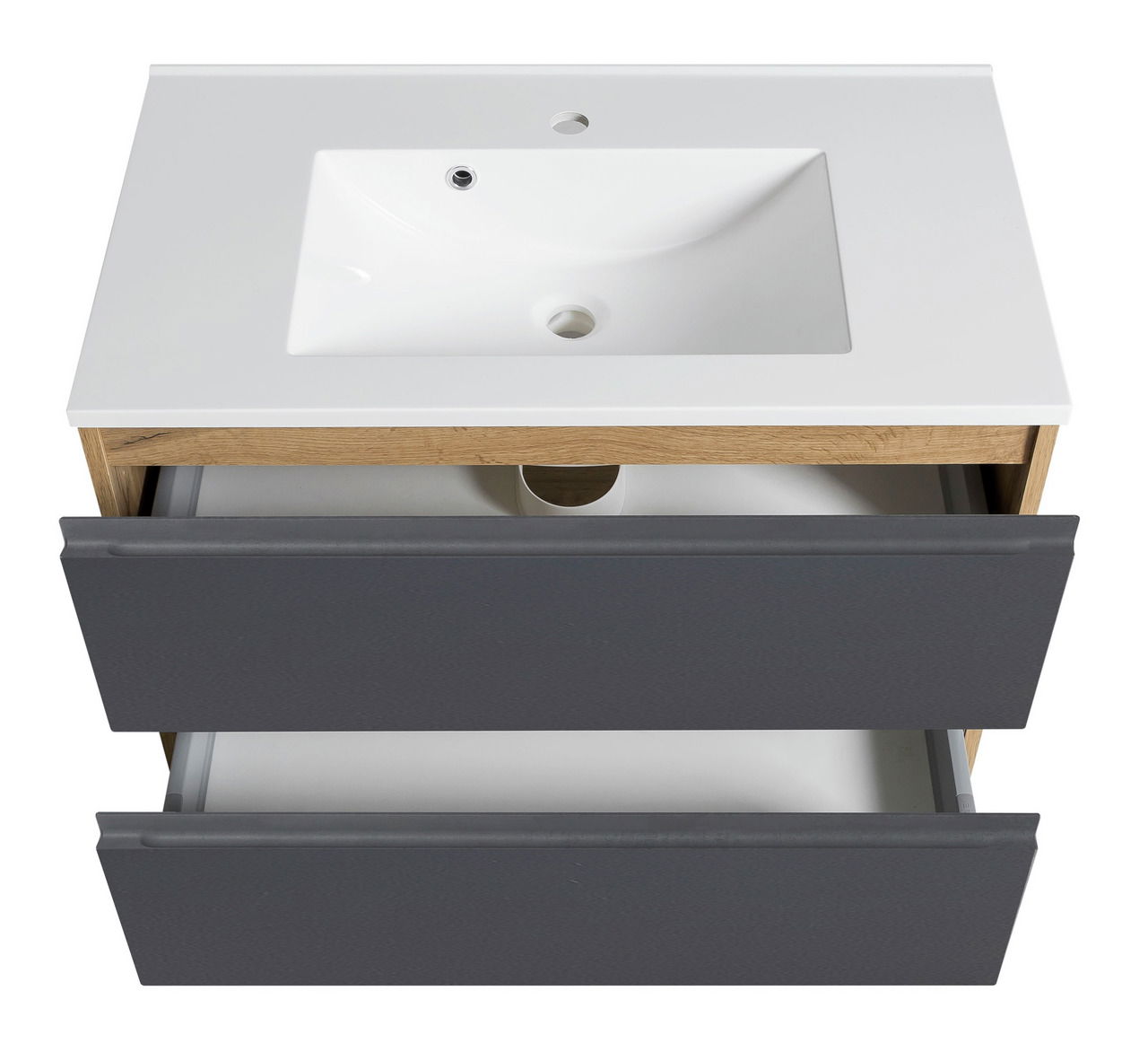 Waschtisch-Set 80 cm mit weißem Waschbecken und zwei grauen Schubladen, Ansicht von oben