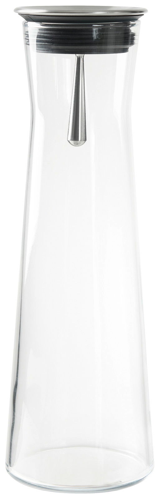 Transparente Karaffe mit Edelstahlverschluss, frontale Ansicht