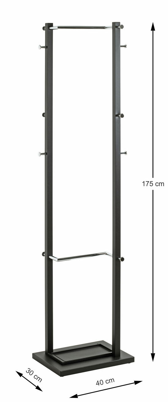Moderner Garderobenständer aus Metall in schwarzer Farbe, mit mehreren Haken und einer stabilen Basis, seitliche Perspektive.