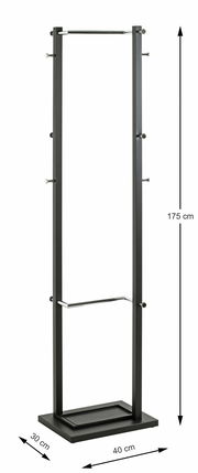 Moderner Garderobenständer aus Metall in schwarzer Farbe, mit mehreren Haken und einer stabilen Basis, seitliche Perspektive.