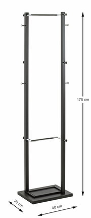 Moderner Garderobenständer aus Metall in schwarzer Farbe, mit mehreren Haken und einer stabilen Basis, seitliche Perspektive.