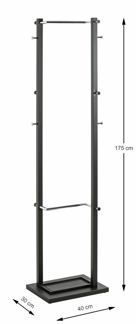 Moderner Garderobenständer aus Metall in schwarzer Farbe, mit mehreren Haken und einer stabilen Basis, seitliche Perspektive.