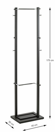 Moderner Garderobenständer aus Metall in schwarzer Farbe, mit mehreren Haken und einer stabilen Basis, seitliche Perspektive.