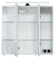 Weißer Spiegelschrank mit drei geöffneten Türen, Glasböden und integrierter LED-Leuchte oben, Frontansicht