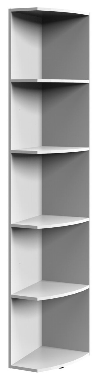 XORA Abschlussregal MULTIRAUMKONZEPT Eckregal mit fünf offenen Fächern, perspektivisch von vorne rechts gesehen.