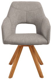 Moderner grauer Sessel mit Holzbeinen, Frontalansicht