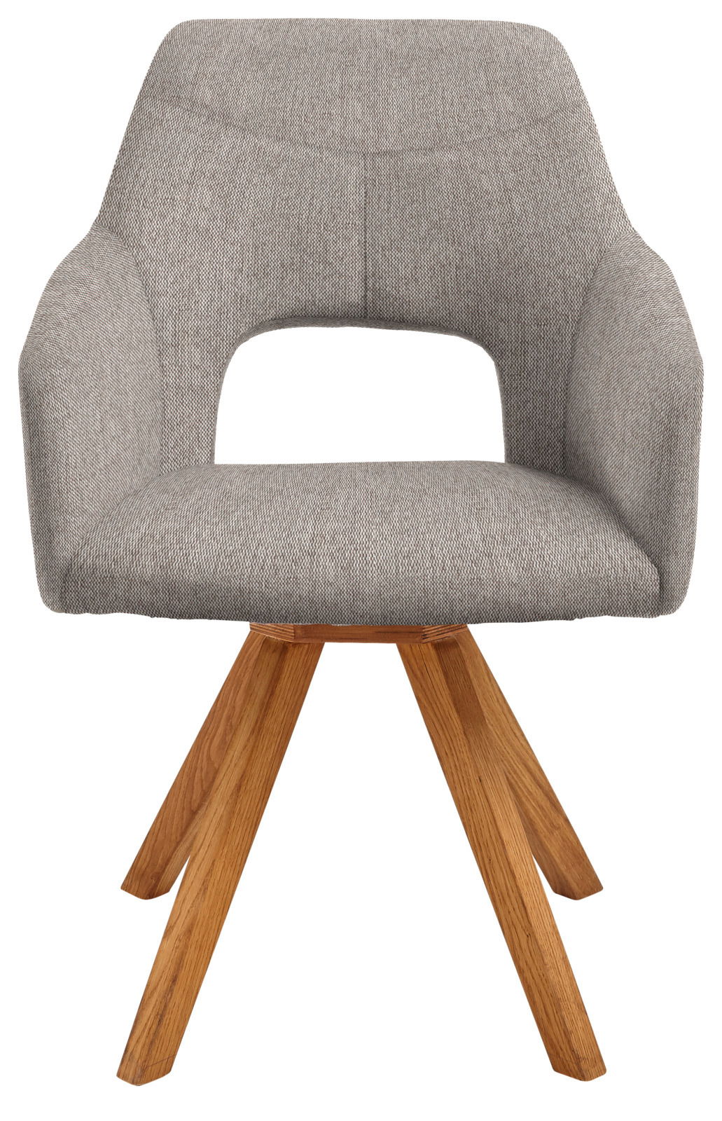 Moderner grauer Sessel mit Holzbeinen, Frontalansicht