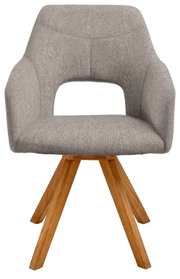 Moderne grijze fauteuil met houten poten, vooraanzicht