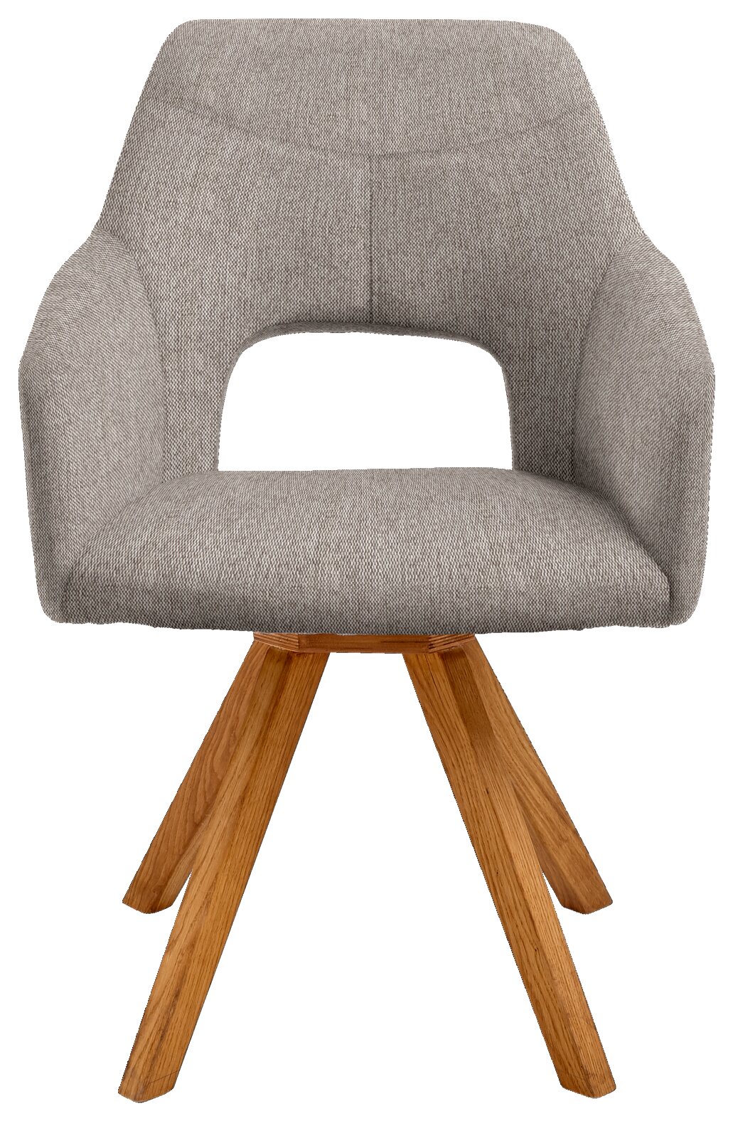 Moderne grijze fauteuil met houten poten, vooraanzicht