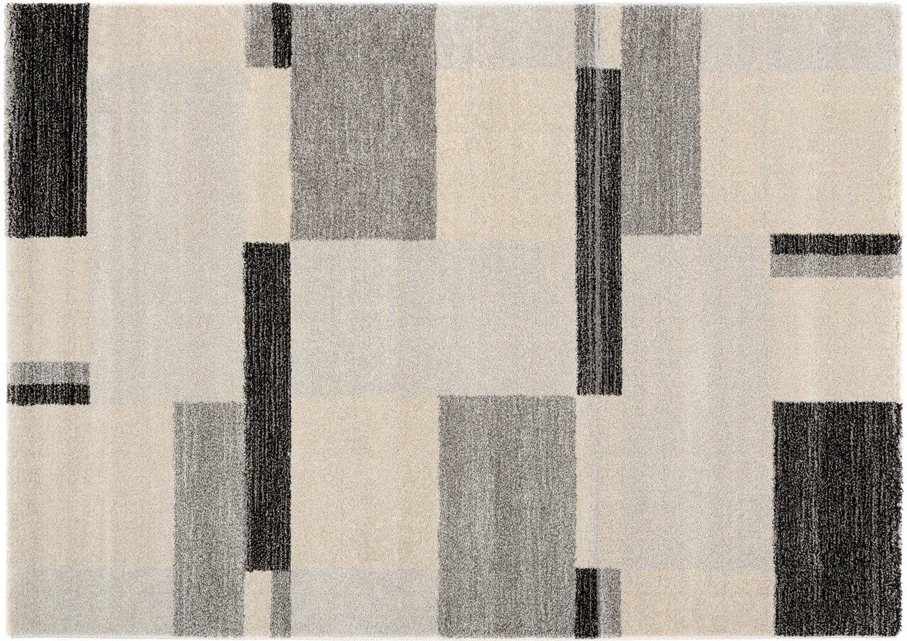 Moderner Teppich mit geometrischem Muster in Grau- und Beigetönen, Draufsicht.