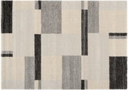 Moderner Teppich mit geometrischem Muster in Grau- und Beigetönen, Draufsicht.