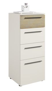 Moderner Aktenschrank mit vier Schubladen, obere Schublade mit Holzlamellen-Design, seitliche Perspektive