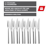 Set van 6 steakbestekdelen van Crominox-roestvrij staal van Silit, bestaande uit 6 steakmessen (gekarteld) en 6 steakvorken, vrijstaand op een witte achtergrond, vooraanzicht