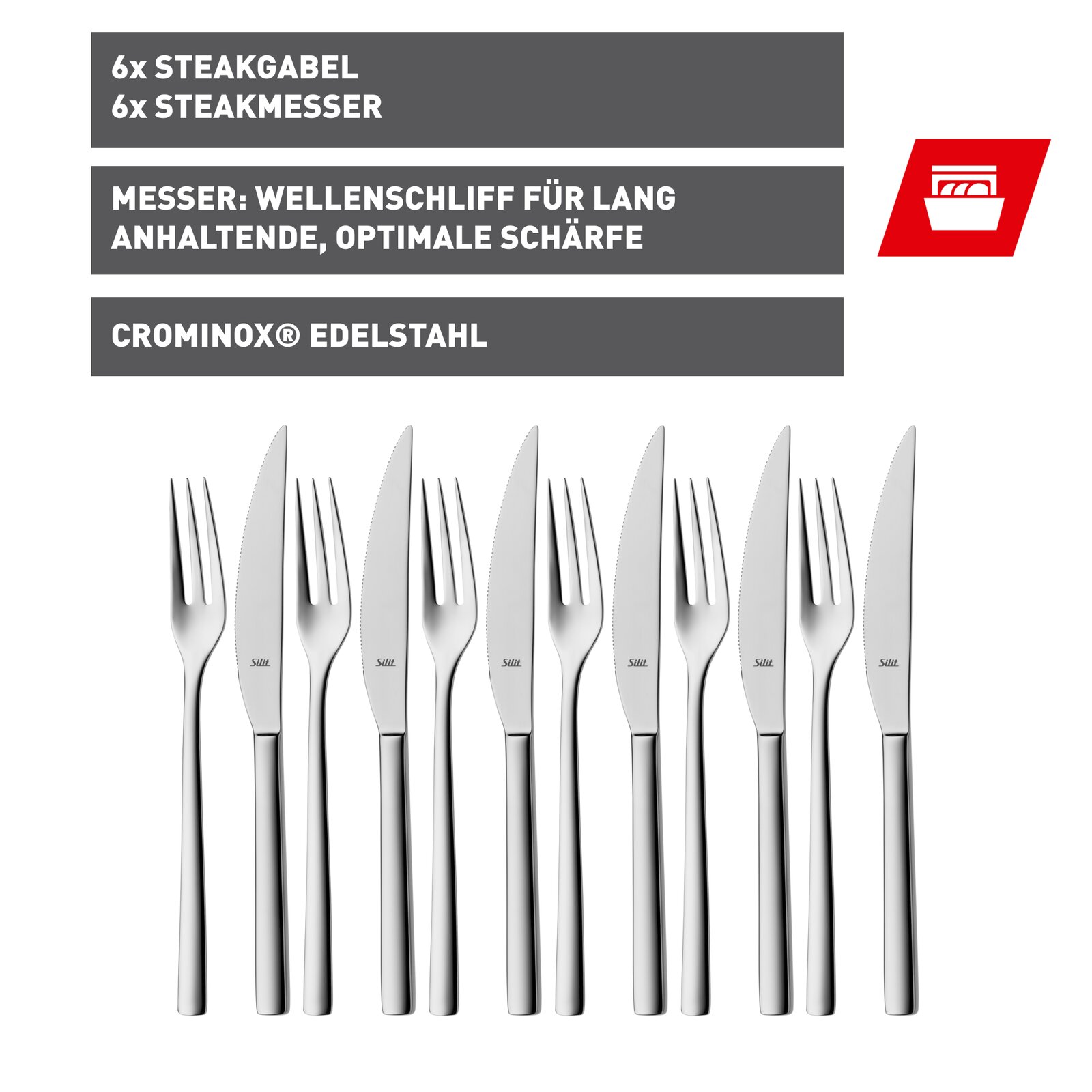 Set van 6 steakbestekdelen van Crominox-roestvrij staal van Silit, bestaande uit 6 steakmessen (gekarteld) en 6 steakvorken, vrijstaand op een witte achtergrond, vooraanzicht