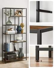Modernes Metallregal in Schwarz mit Holzoptik-Böden, frontale Ansicht mit leichter Perspektive von links; Detailbilder zeigen Wandkippschutz, Eckverbindung und höhenverstellbaren Standfuß.