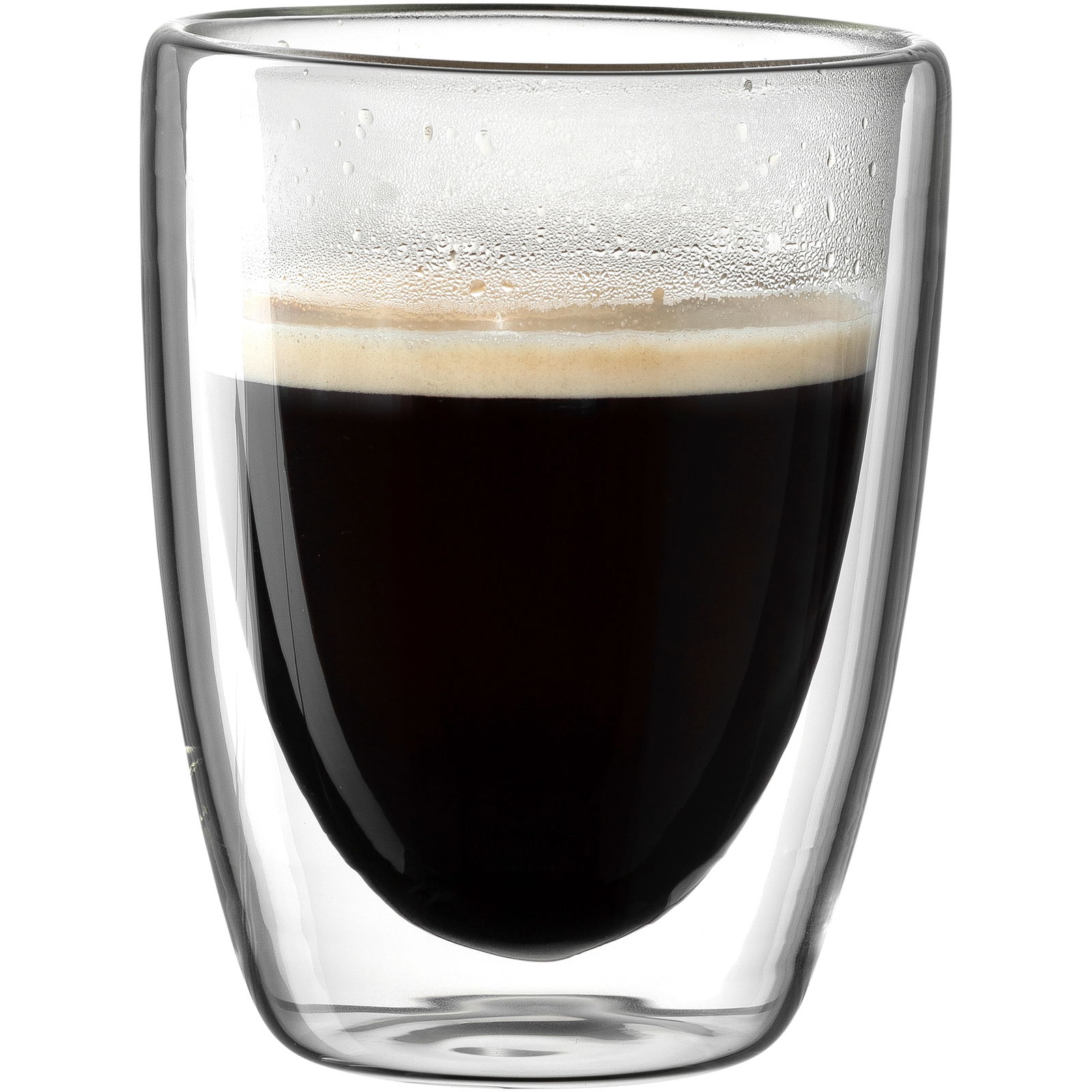 Doppelwandiger Becher mit 300ml Fassungsvermögen, gefüllt mit schwarzem Kaffee, seitliche Perspektive