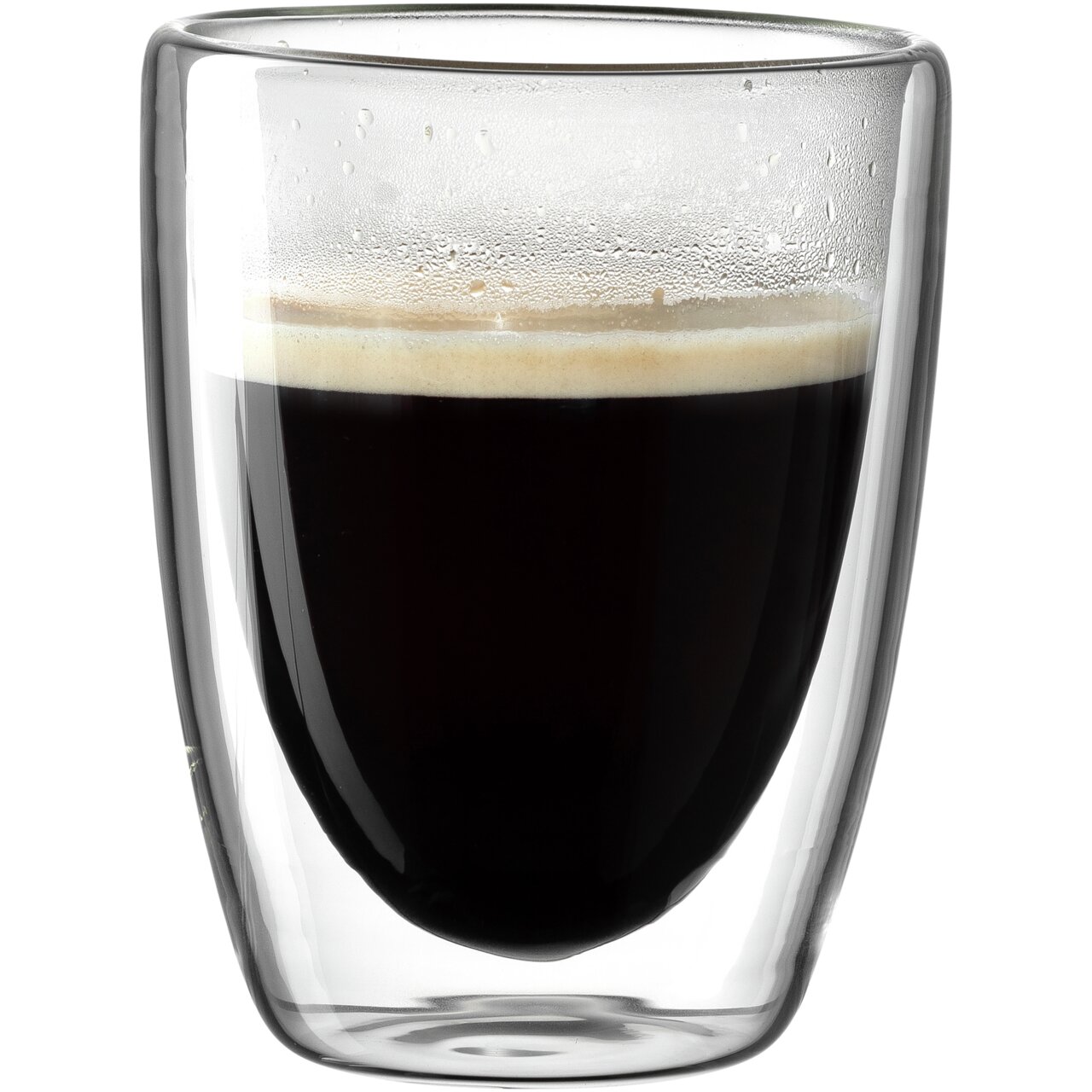 Doppelwandiger Becher mit 300ml Fassungsvermögen, gefüllt mit schwarzem Kaffee, seitliche Perspektive