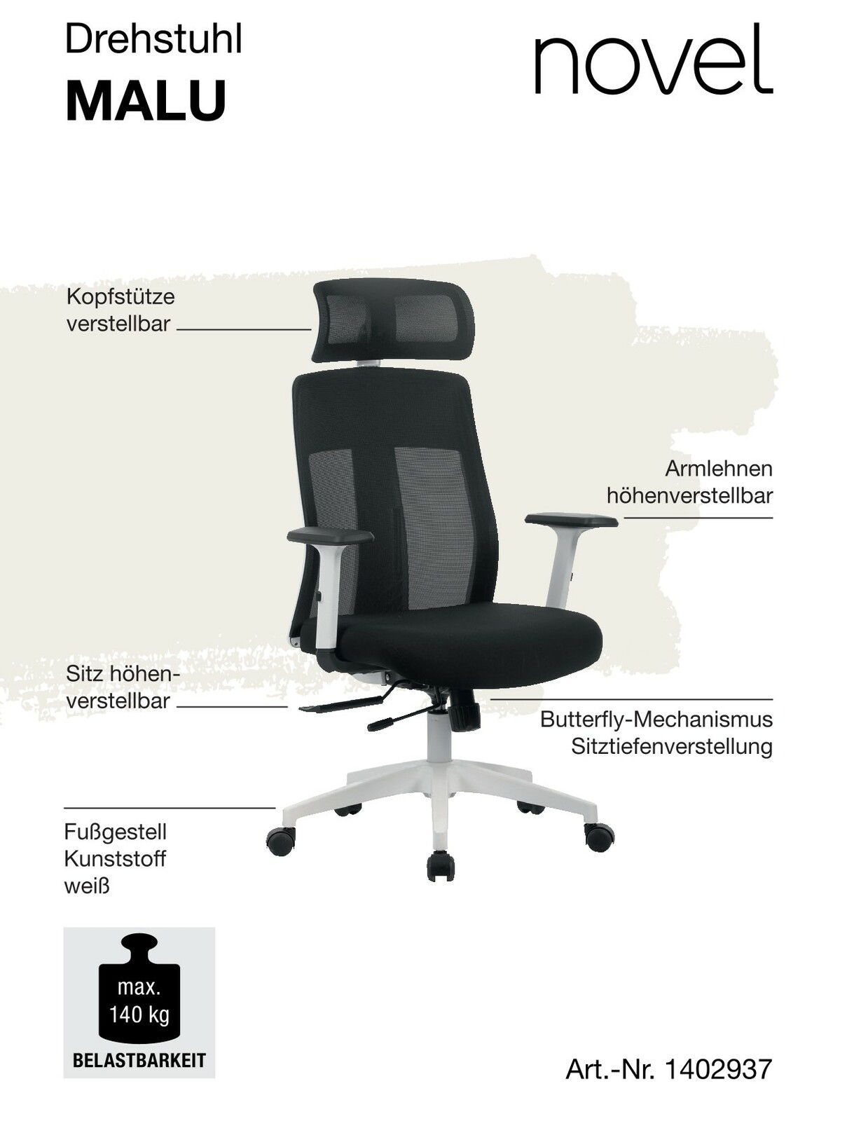 Schwarzer Drehstuhl mit verstellbarer Kopfstütze, höhenverstellbaren Armlehnen und Sitz, Butterfly-Mechanismus für Sitztiefenverstellung, weißes Kunststoff-Fußgestell, seitliche Perspektive