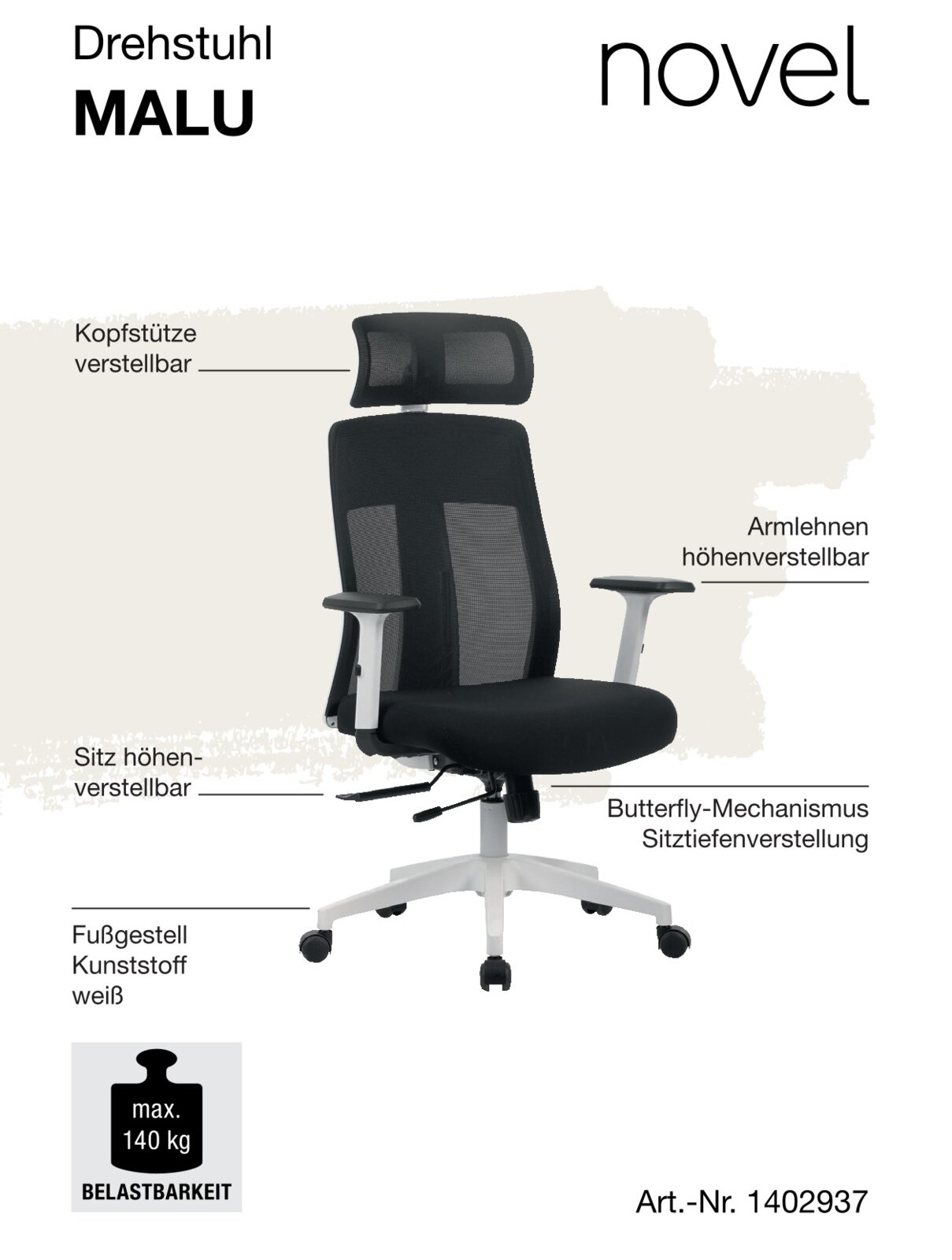 Schwarzer Drehstuhl mit verstellbarer Kopfstütze, höhenverstellbaren Armlehnen und Sitz, Butterfly-Mechanismus für Sitztiefenverstellung, weißes Kunststoff-Fußgestell, seitliche Perspektive