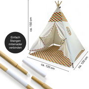 Tipi Zelt mit farbiger Bemusterung, ca. 150 cm hoch und 120 cm breit, aus der Perspektive leicht von oben und seitlich betrachtet. Einfach zu verbindende Stangen.