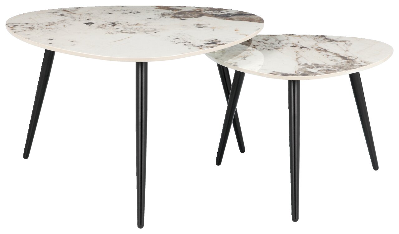 Zweier-Set von Couchtischen mit marmorierten Tischplatten und schwarzen, schlanken Beinen, seitliche Perspektive