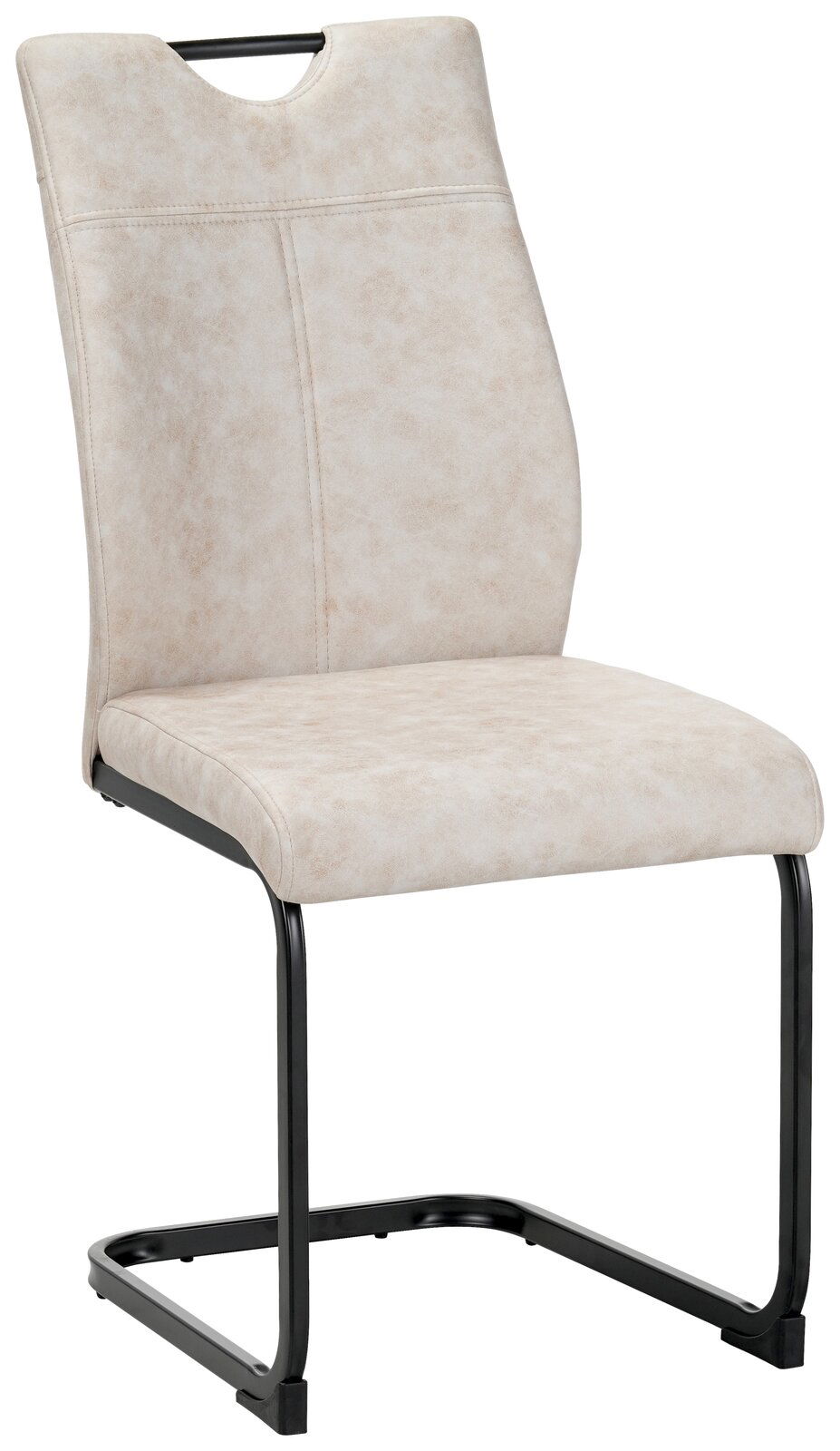 Moderner Schwingstuhl mit beigem Polster und schwarzem Metallgestell, seitliche Perspektive