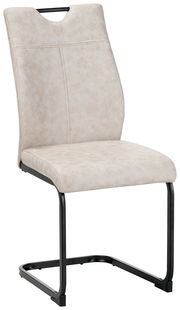 Moderner Schwingstuhl mit beigem Polster und schwarzem Metallgestell, seitliche Perspektive