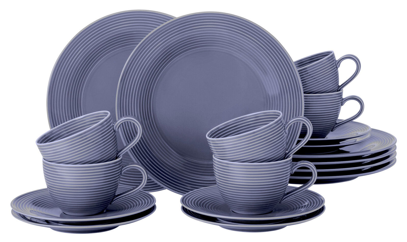 18-teiliges Kaffeeservice in Blau mit Streifenmuster, bestehend aus Tassen, Untertassen und Tellern, seitliche Perspektive
