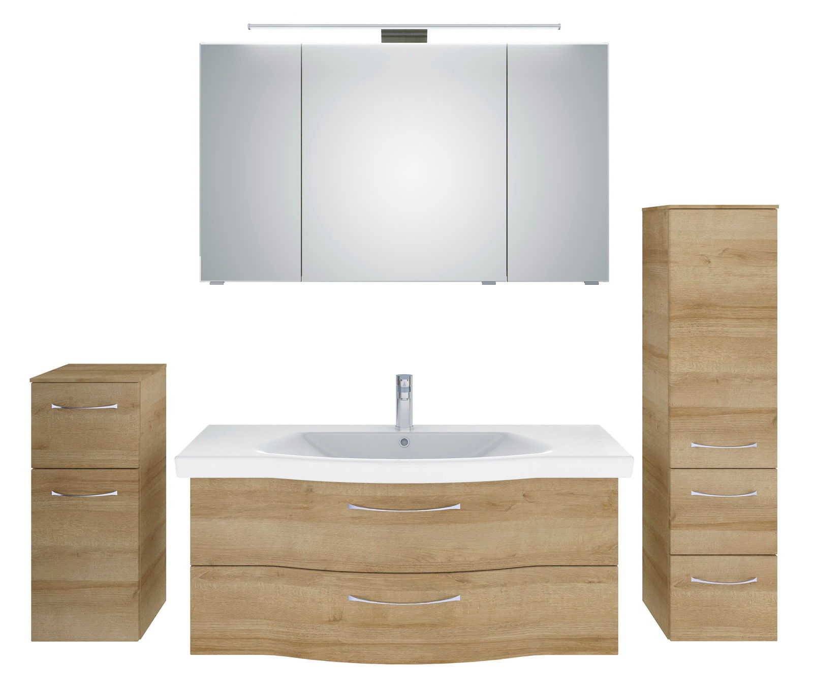 Pelipal Badblock SERIE 6005 SPRINT Badezimmermöbel-Set in Holzoptik mit Waschbecken, Spiegelschrank und Stauraum, frontale Ansicht