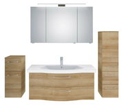 Badezimmermöbel-Set in Holzoptik mit Waschbecken, Spiegelschrank und Stauraum, frontale Ansicht