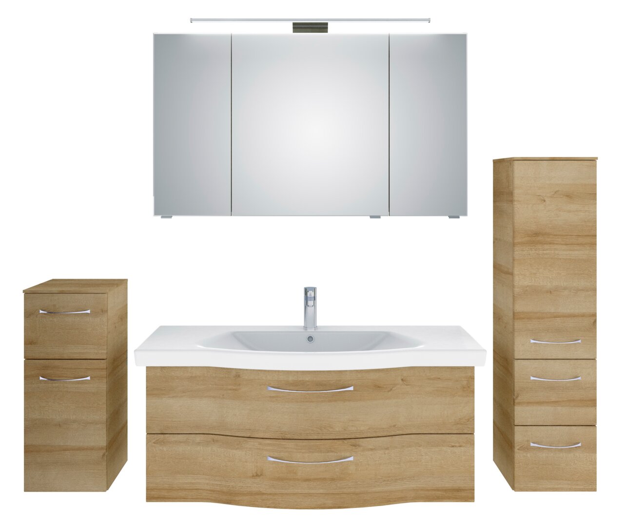 Pelipal Badblock SERIE 6005 SPRINT Badezimmermöbel-Set in Holzoptik mit Waschbecken, Spiegelschrank und Stauraum, frontale Ansicht