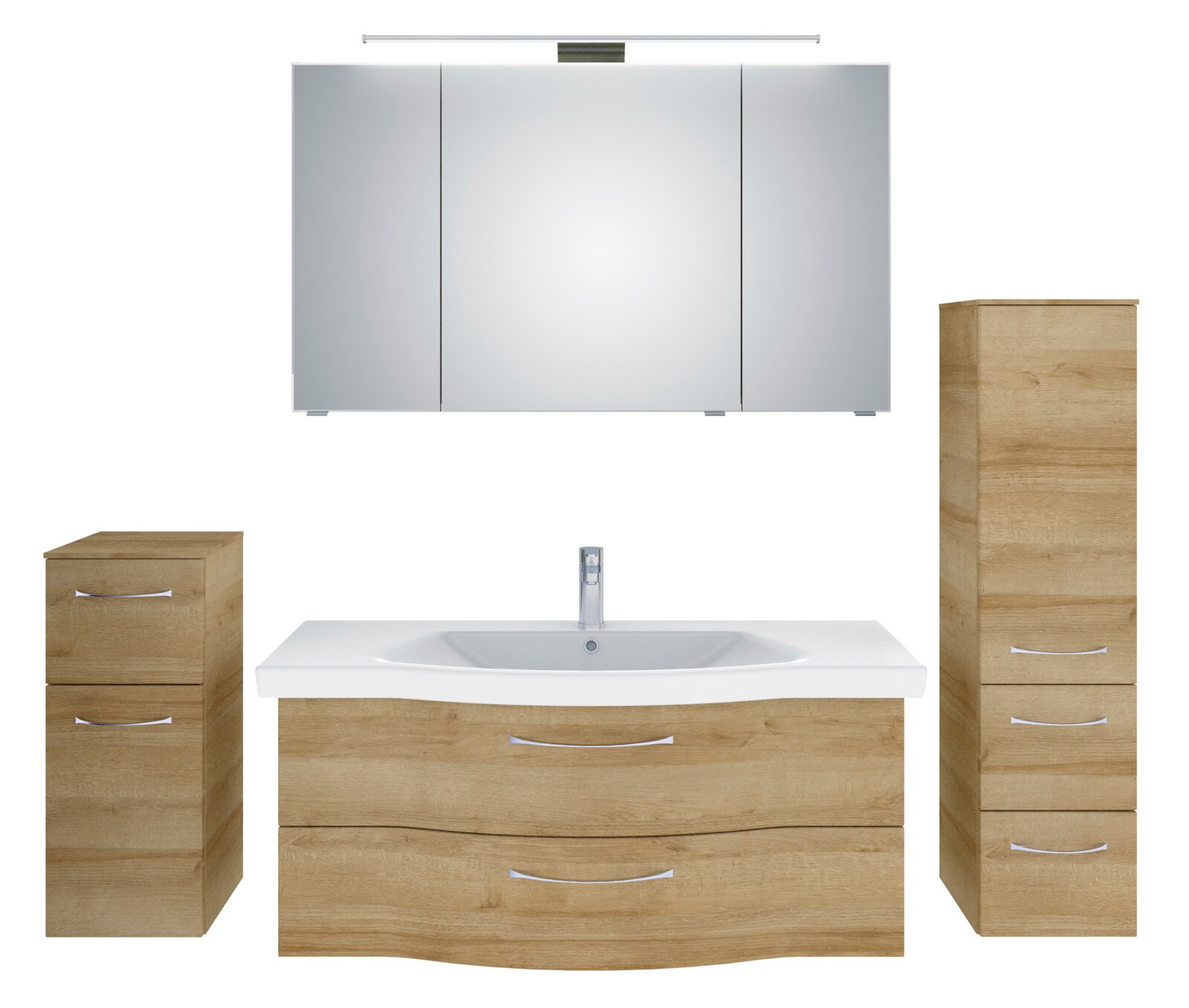 Badezimmermöbel-Set in Holzoptik mit Waschbecken, Spiegelschrank und Stauraum, frontale Ansicht