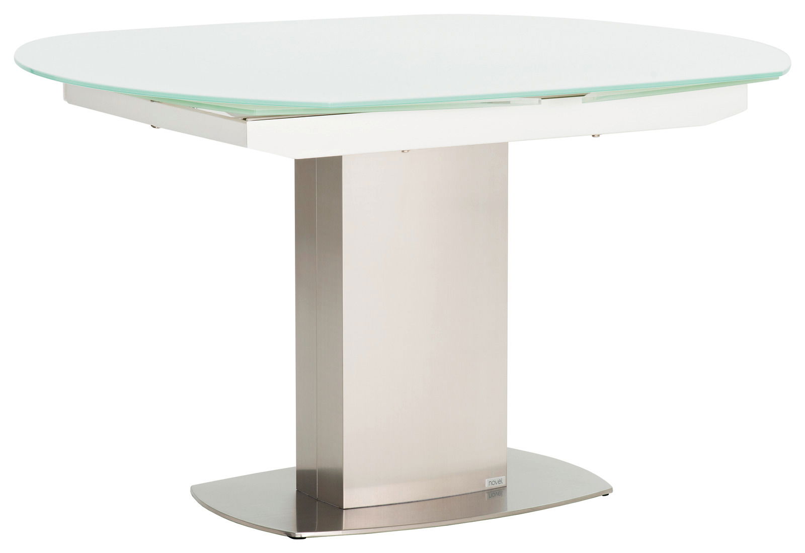 Moderner Esstisch mit Glasplatte und Edelstahlfuß, seitliche Perspektive