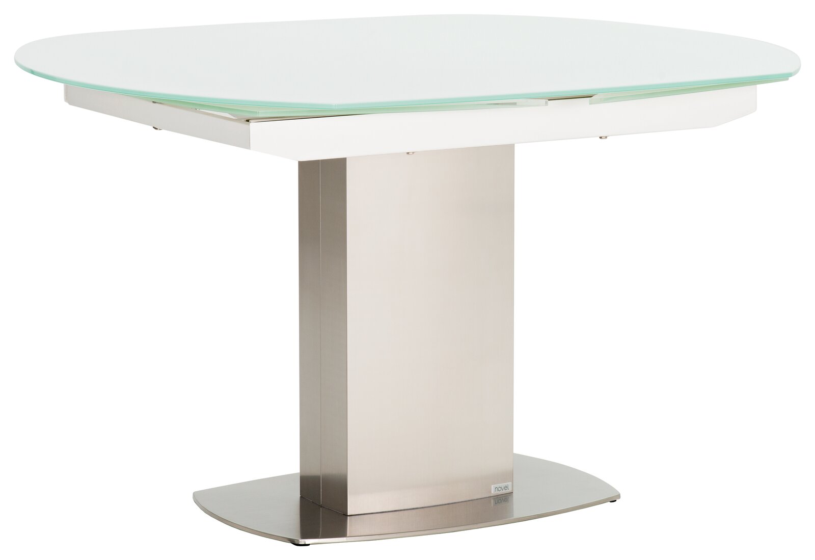 Moderner Esstisch mit Glasplatte und Edelstahlfuß, seitliche Perspektive