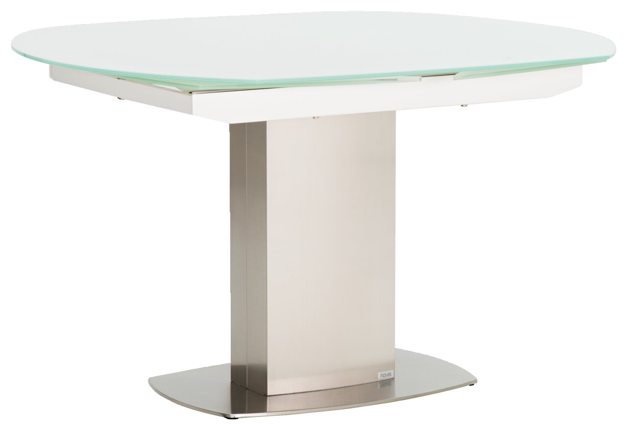 Moderner Esstisch mit Glasplatte und Edelstahlfuß, seitliche Perspektive