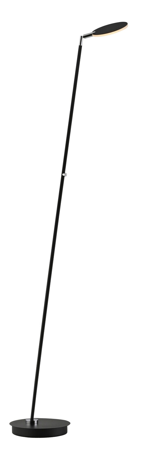 Schwarze Akku-Stehleuchte mit schlankem, modernem Design, seitliche Perspektive