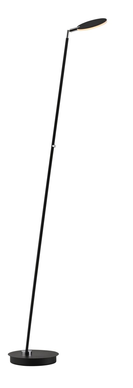 Schwarze Akku-Stehleuchte mit schlankem, modernem Design, seitliche Perspektive