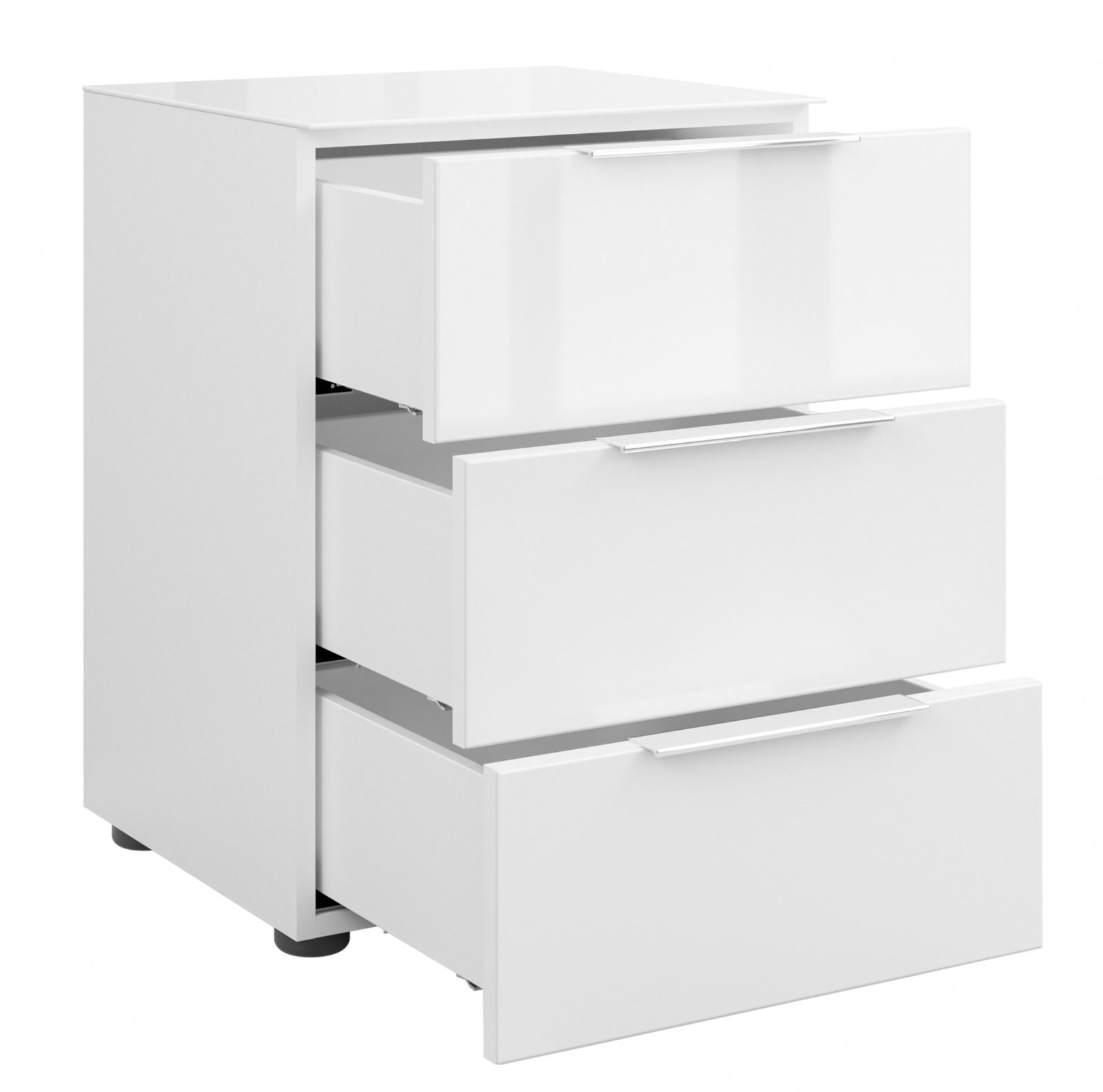 Weiße Nachtkommode mit drei offenen Schubladen, seitliche Perspektive