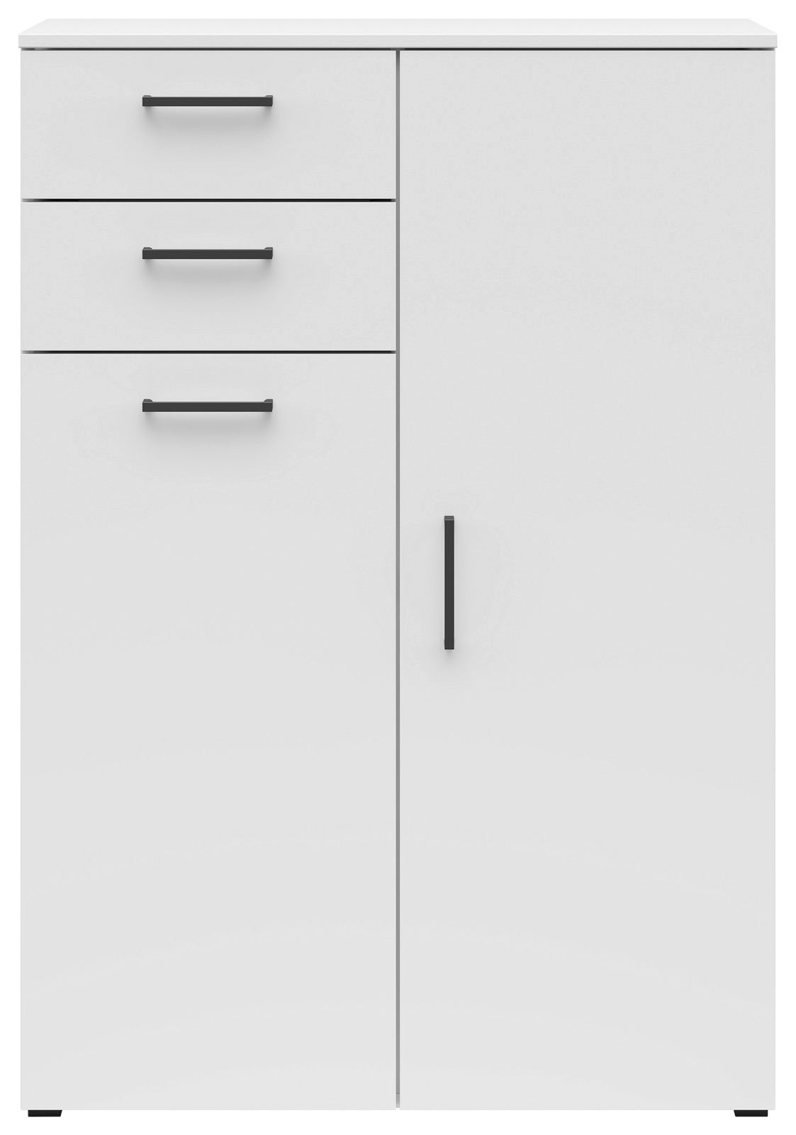 Weiße Kommode mit drei Schubladen und einer Tür, frontale Ansicht