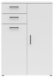 Weiße Kommode mit drei Schubladen und einer Tür, frontale Ansicht