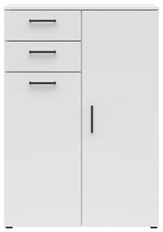 Weiße Kommode mit drei Schubladen und einer Tür, frontale Ansicht