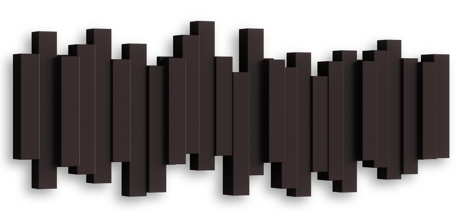 Moderne Wandgarderobe mit vertikalen, unterschiedlich hohen schwarzen Elementen, frontal betrachtet.