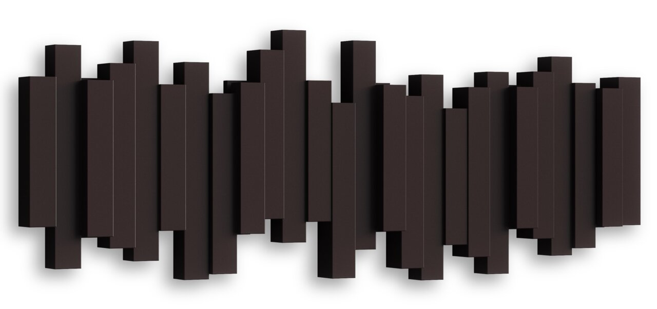 Moderne Wandgarderobe mit vertikalen, unterschiedlich hohen schwarzen Elementen, frontal betrachtet.