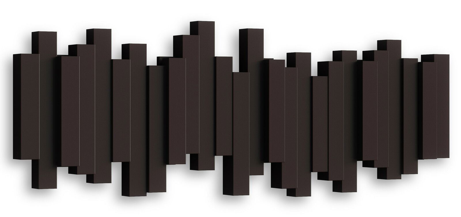 Moderne Wandgarderobe mit vertikalen, unterschiedlich hohen schwarzen Elementen, frontal betrachtet.