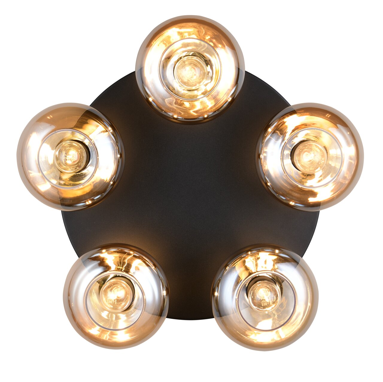 Reality Leuchten Plafondlamp DIVINA Moderne plafondlamp met vijf ronde, gouden lampen op een zwarte voet, gezien van onderaf.