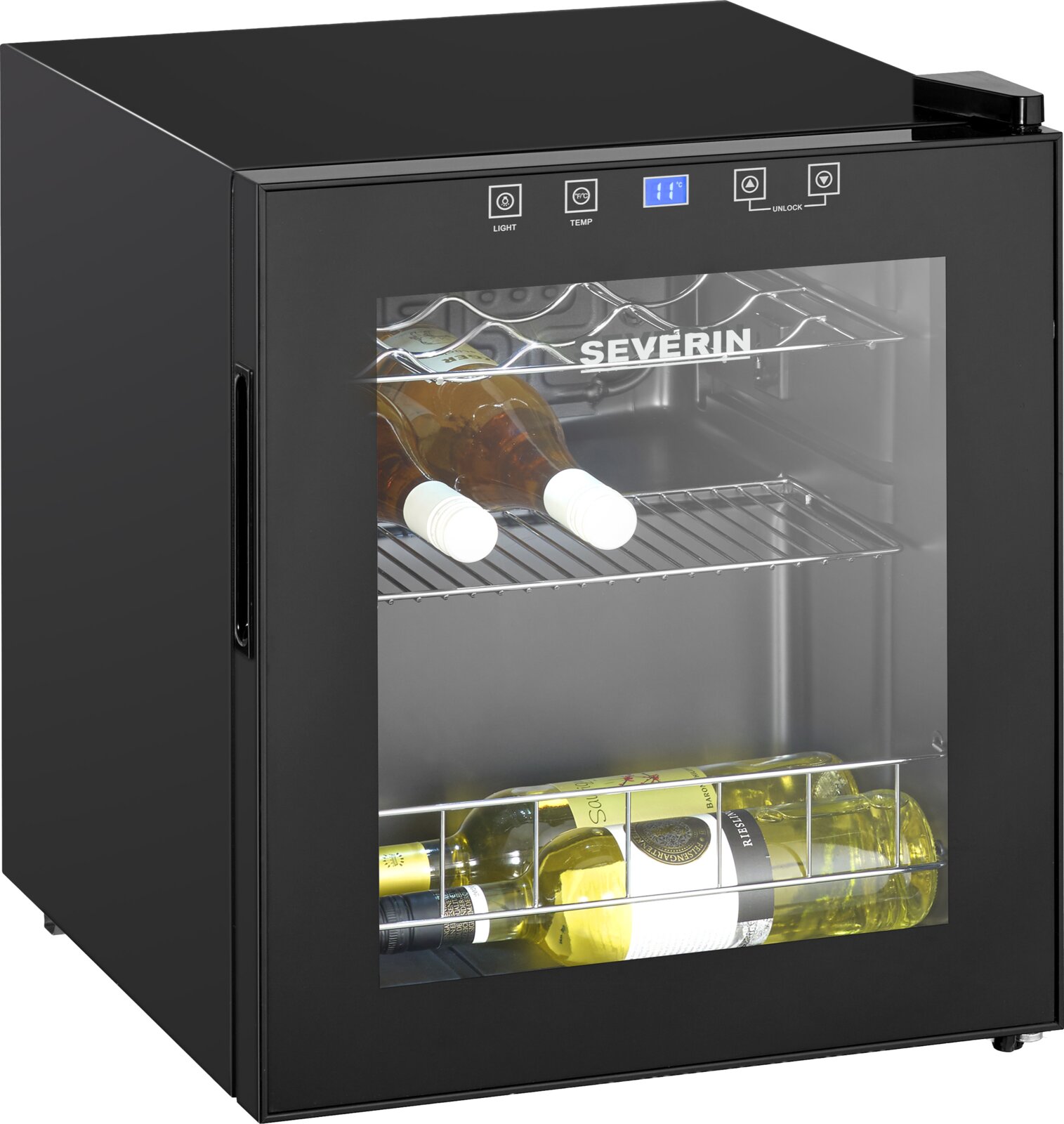 Schwarzer SEVERIN Weinkühlschrank mit Glastür und digitaler Temperaturanzeige, gefüllt mit Weinflaschen Ansicht schräg von vorn links.